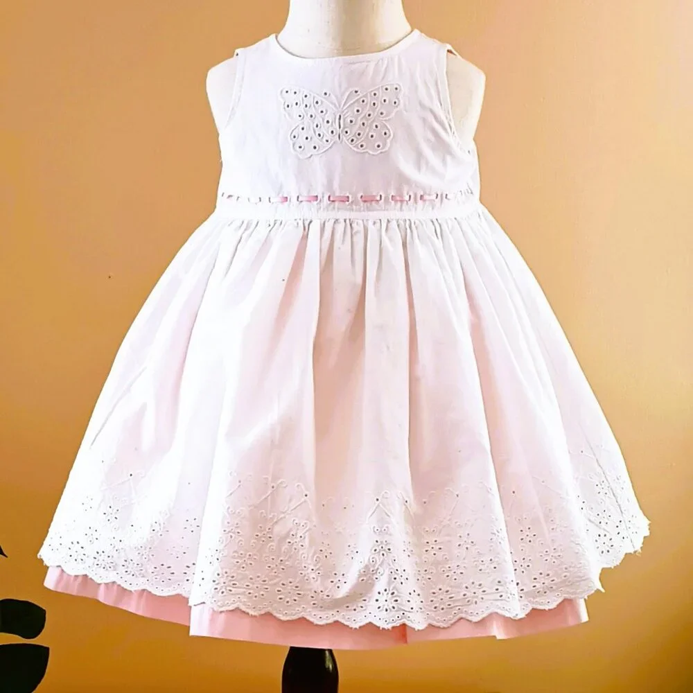 Marks & Spencer Eyelet Dress 12-18m Sleeveless White Pink Floral Butterfly